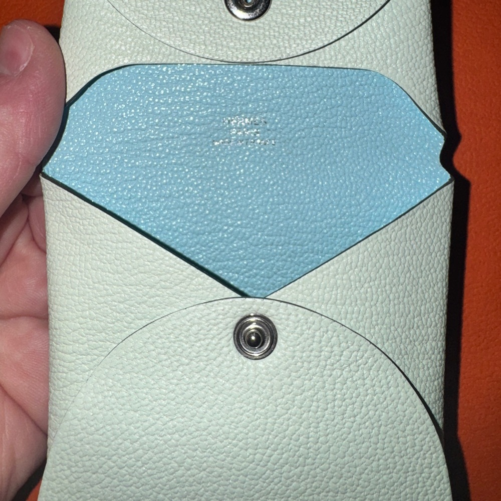 RARE COLOR! Hermes Bastia Verso Chèvre Mysore Leather in Vert Fizz/Blue Zephyr